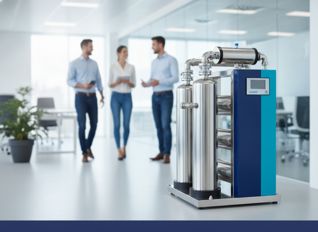 Compact commercial reverse osmosis water treatment system with stainless steel pressure vessels
