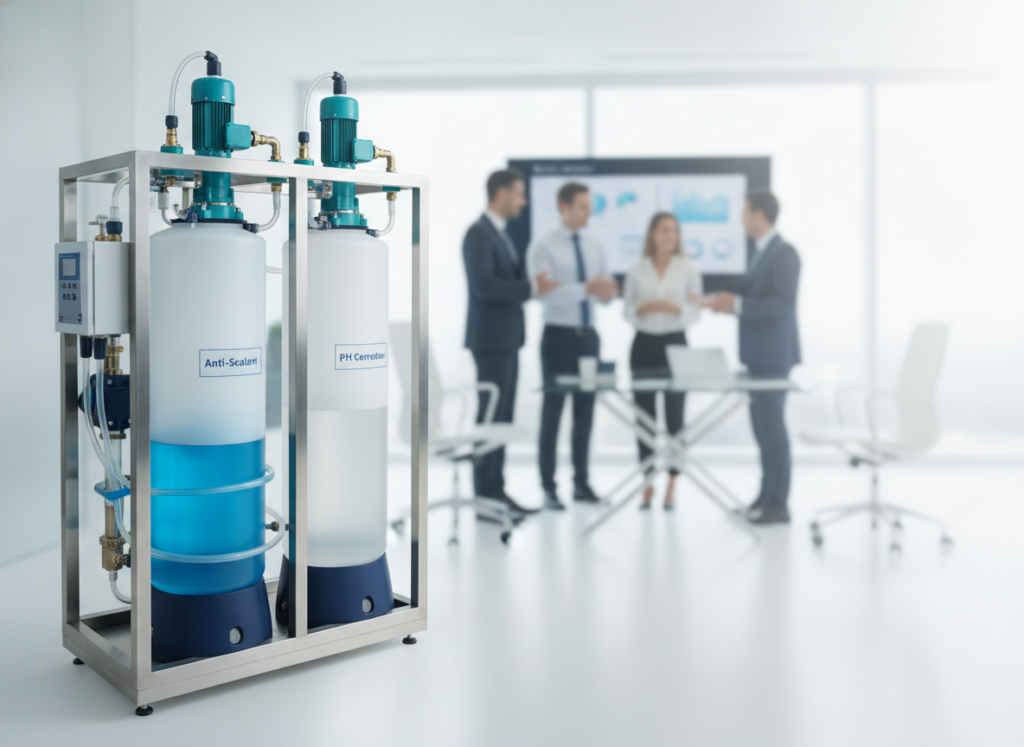 Precision chemical dosing system with metering pumps for anti-scalant and pH correction