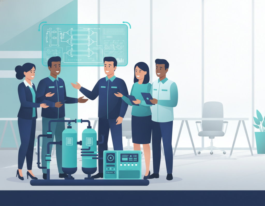 Stylized illustration of a team of water treatment engineers and technicians collaborating around RO plant equipment