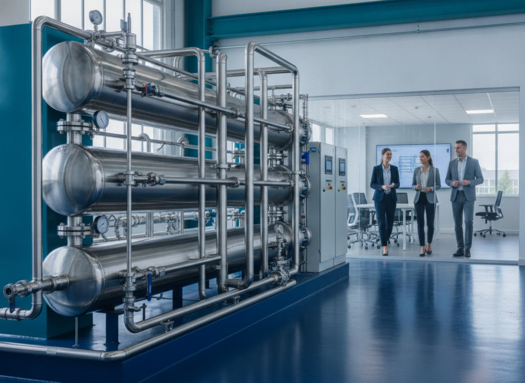 Large-scale industrial reverse osmosis water treatment plant with stainless steel pressure vessels and piping
