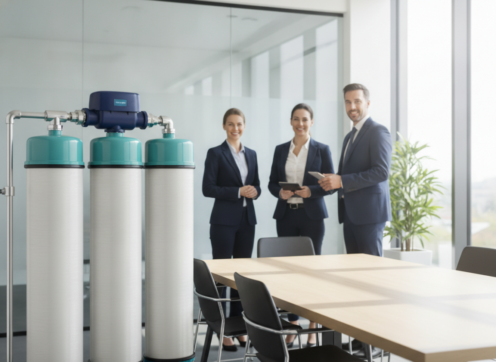 Industrial ion-exchange water softener system with resin tanks and control valve head